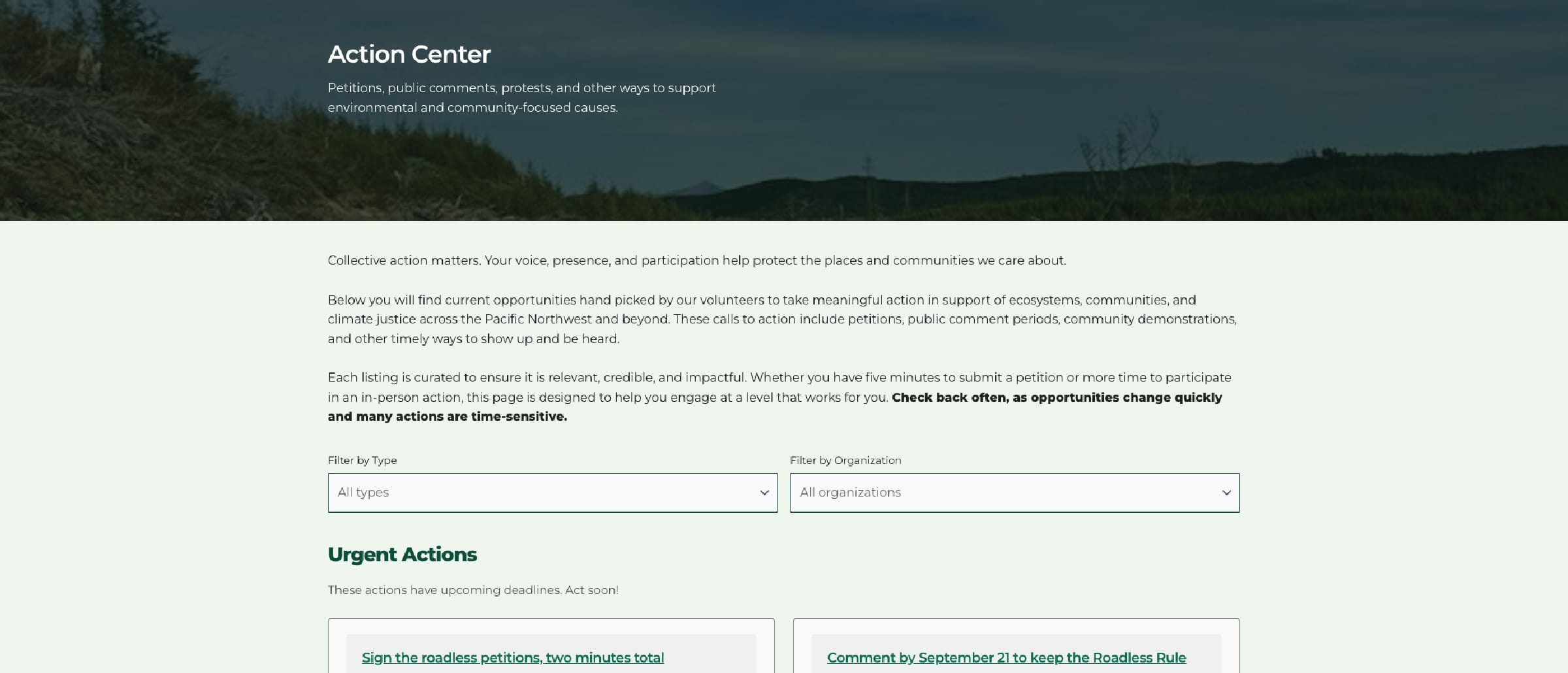 The Action Center page on the ECC site, headed Petitions, public comments, protests, and other ways to support environmental and community-focused causes, with filters by type and organization above a list of urgent actions.
