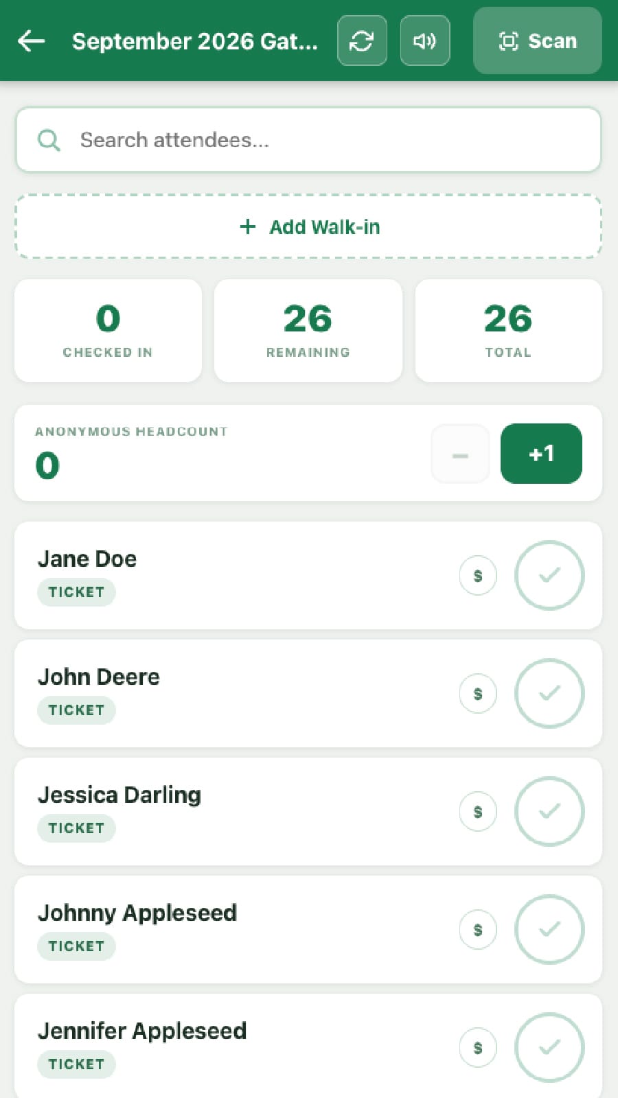 The check-in tool on a phone for a September 2026 gathering. A Scan button in the header, a search field, an Add Walk-in button, counters reading 0 checked in and 26 remaining, an anonymous headcount stepper, and a list of ticket holders each with a check-in control.