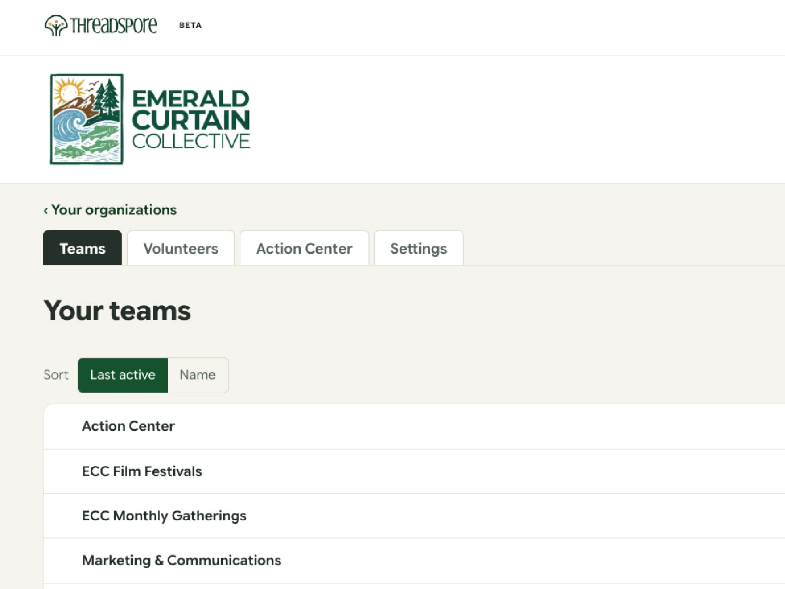 The Emerald Curtain Collective portal. Their logo sits at the top of the page, above tabs for Teams, Volunteers, Action Center, and Settings, with a list of the organization's teams below.