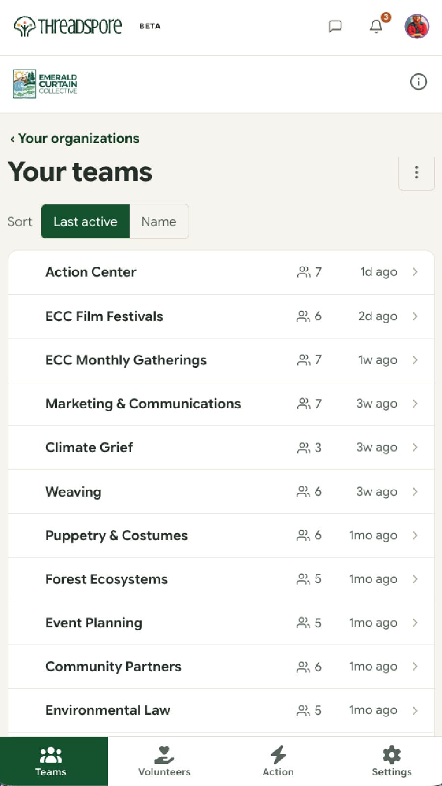 The teams list on a phone, showing eleven teams including Film Festivals, Climate Grief, Weaving, Puppetry and Costumes, and Environmental Law, each with a member count and when it was last active.