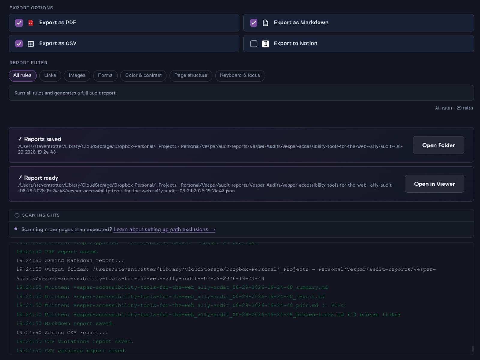 Export options with PDF, Markdown, and CSV selected, a rule filter set to all 29 rules, confirmations that the reports were saved, and a scrolling log of each file written.