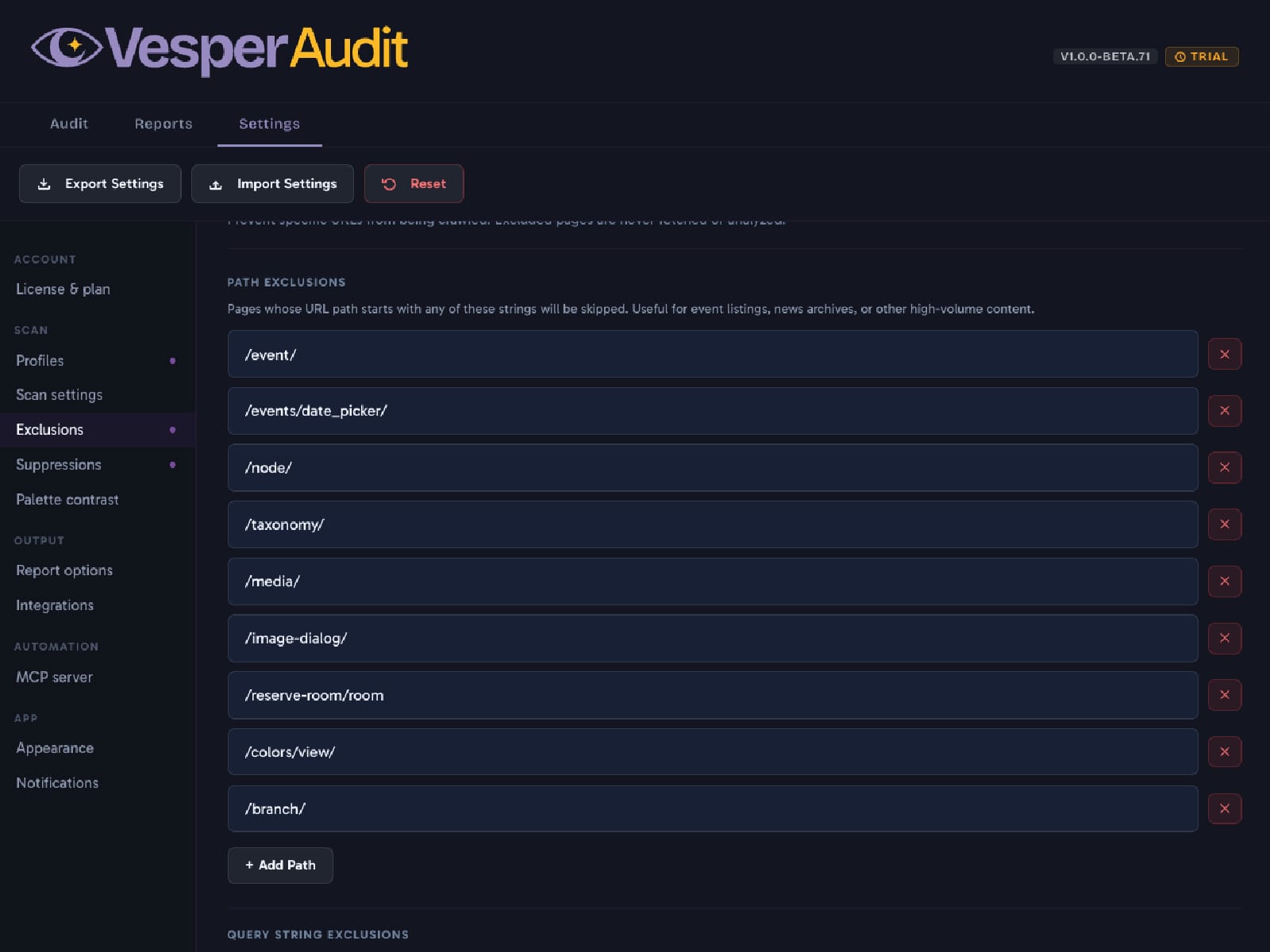 The Exclusions settings screen, listing URL path prefixes the crawler skips, with a sidebar of scan, output, automation, and app settings including an MCP server entry.