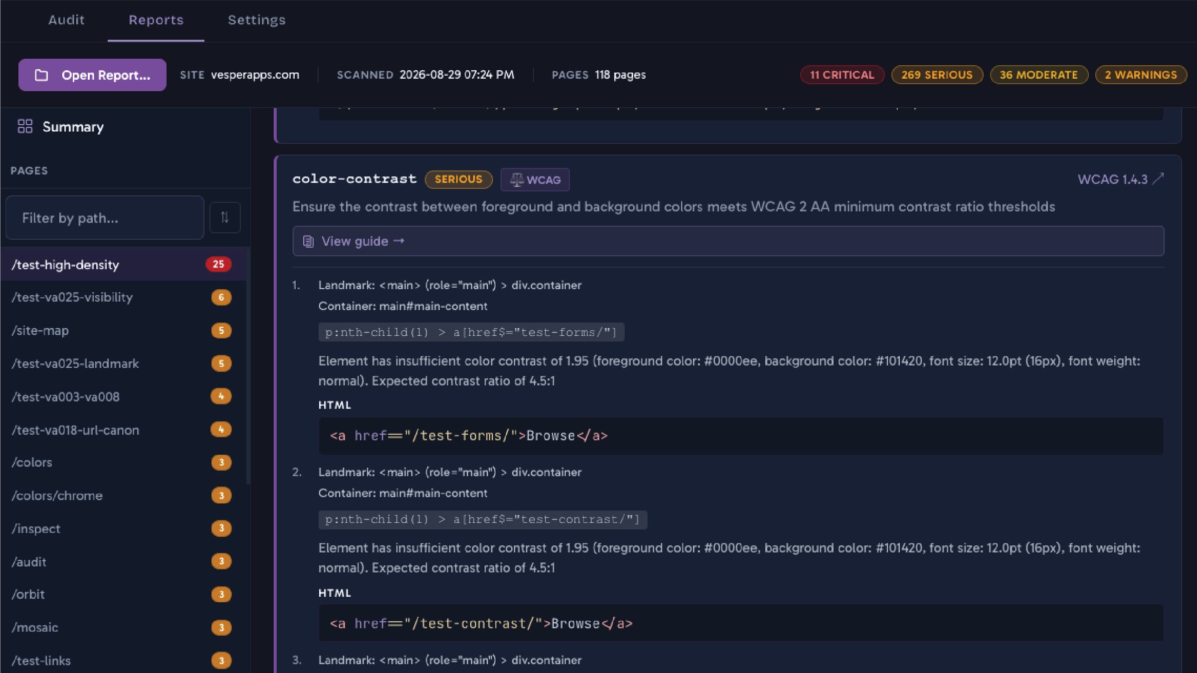 A single finding in the report: the color-contrast rule marked serious and mapped to WCAG 1.4.3, with a link to a guide, then each affected element listed by its landmark, container, and CSS selector, the measured ratio of 1.95 against the required 4.5 to 1, and the offending HTML.